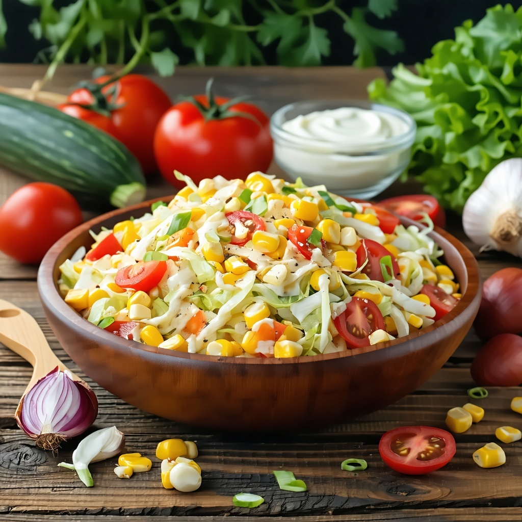 Corn chunk salad with tomato chunks cabbage and mayonnaise in a wooden bowl on a wooden table with natural ingredients around-1