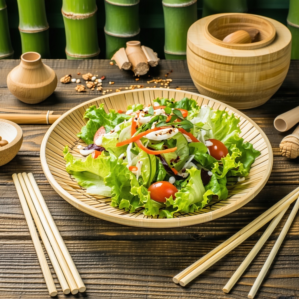 Salad on a bamboo plate with bamboo chopsticks on a wooden table with a group of wooden straws on one side of the plate and with another group of bamboo skewers on the other side and bamboo products around the plate-1